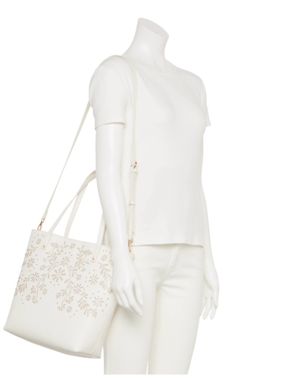 LC Lauren Conrad Women's White Floral Laser-Cut Tote Bag